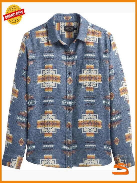 Tops - Classic Long Sleeve Button Up Shirt, Relaxed Fit, 100% Cotton Blouse with Chest